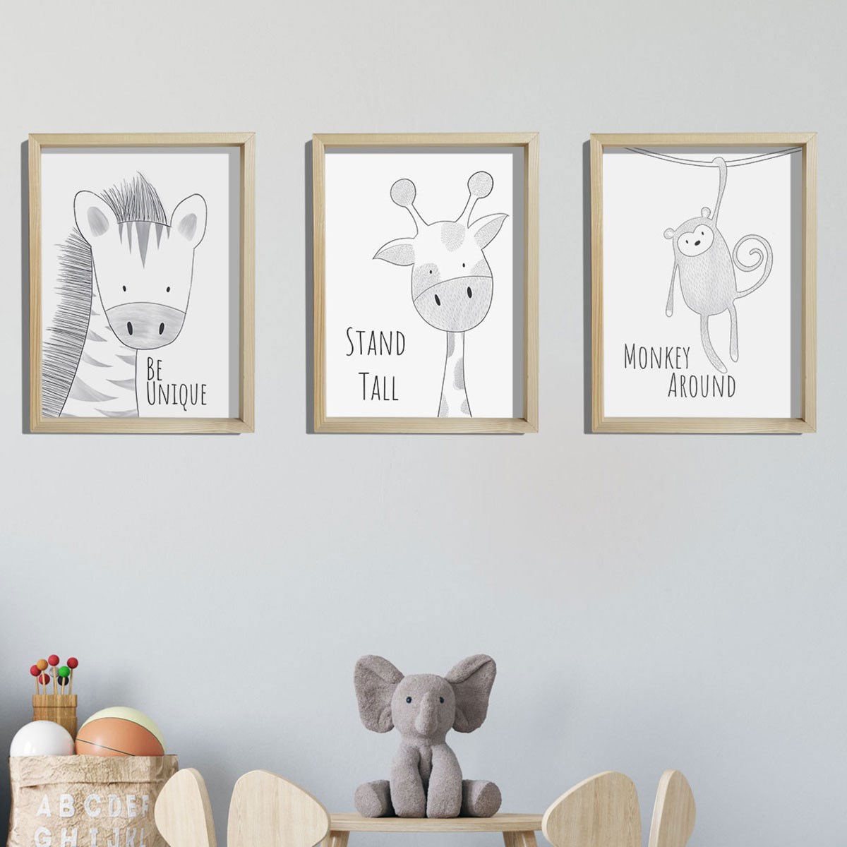 Doğal Çam Çerçeveli Bebek ve Çocuk Odası Duvar Tablosu Zebra - Zürafa - Maymun