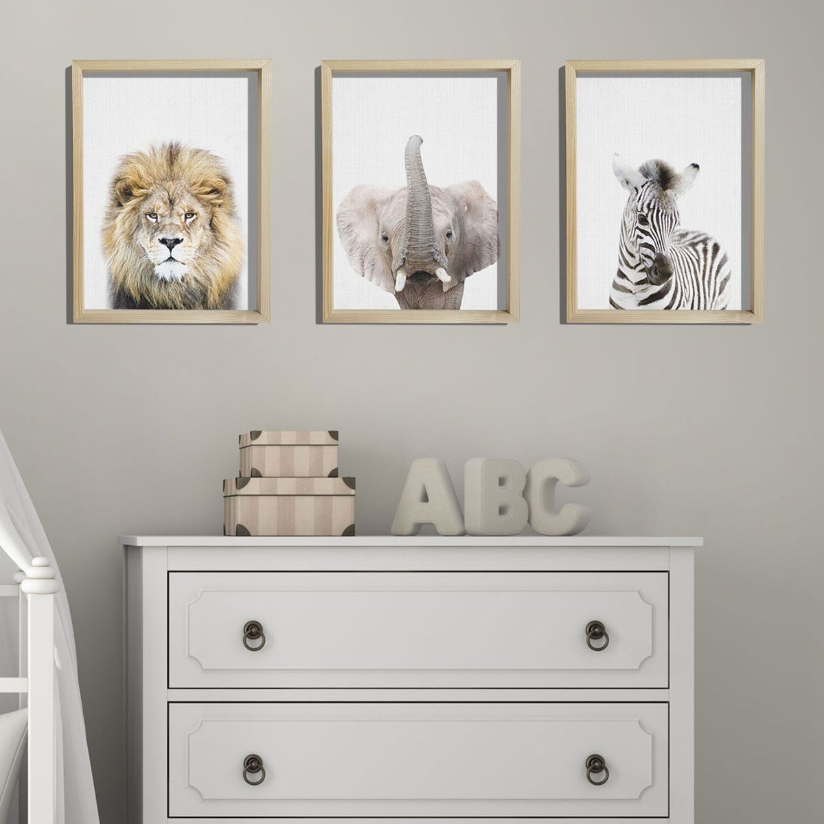 Doğal Çam Çerçeveli Bebek ve Çocuk Odası Duvar Tablosu Aslan - Fil - Zebra