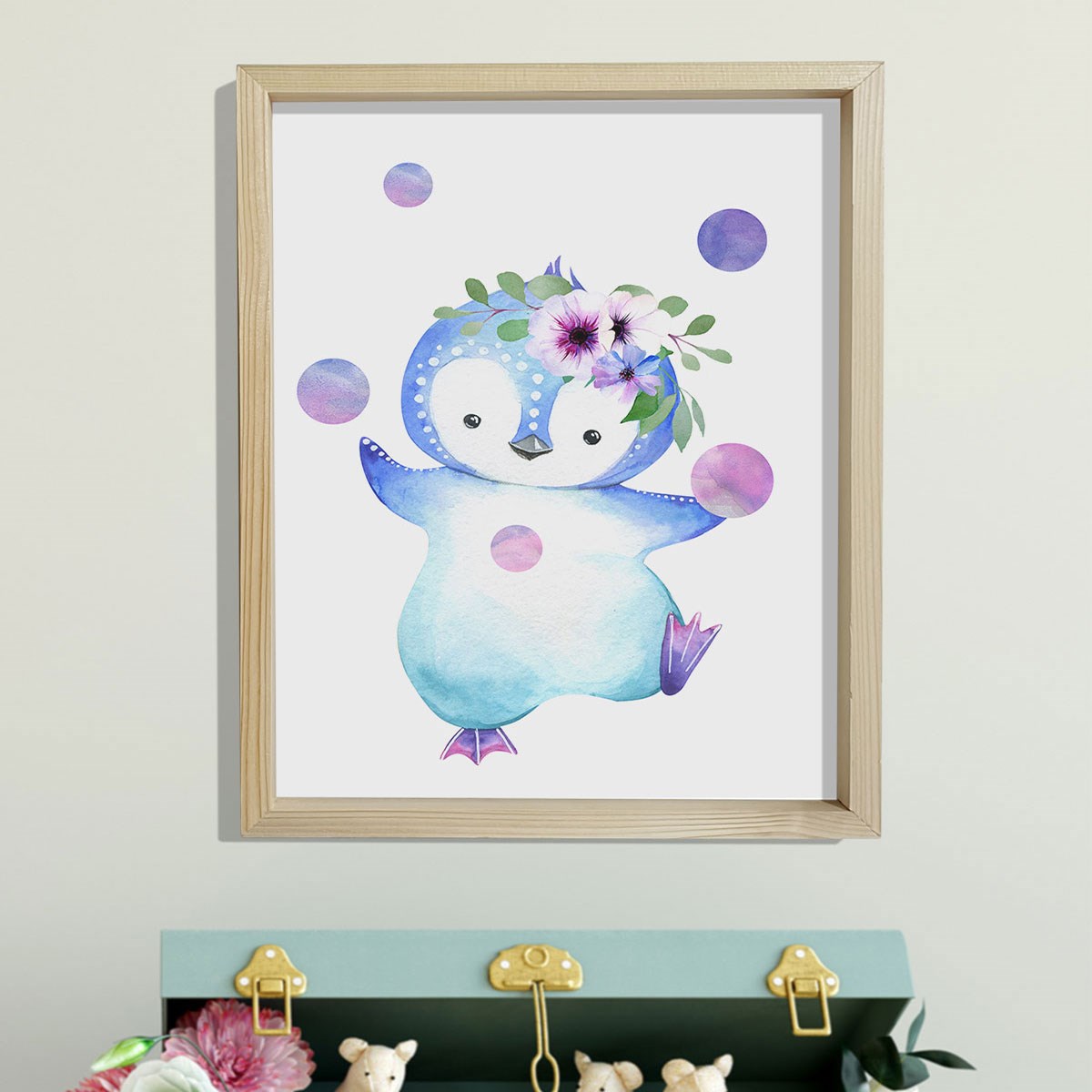 Doğal Çam Çerçeveli Bebek ve Çocuk Odası Duvar Tablosu Çiçekli Penguen