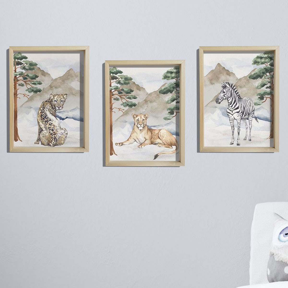 Doğal Çam Çerçeveli Bebek ve Çocuk Odası Duvar Tablosu Havşi Hayvanlar