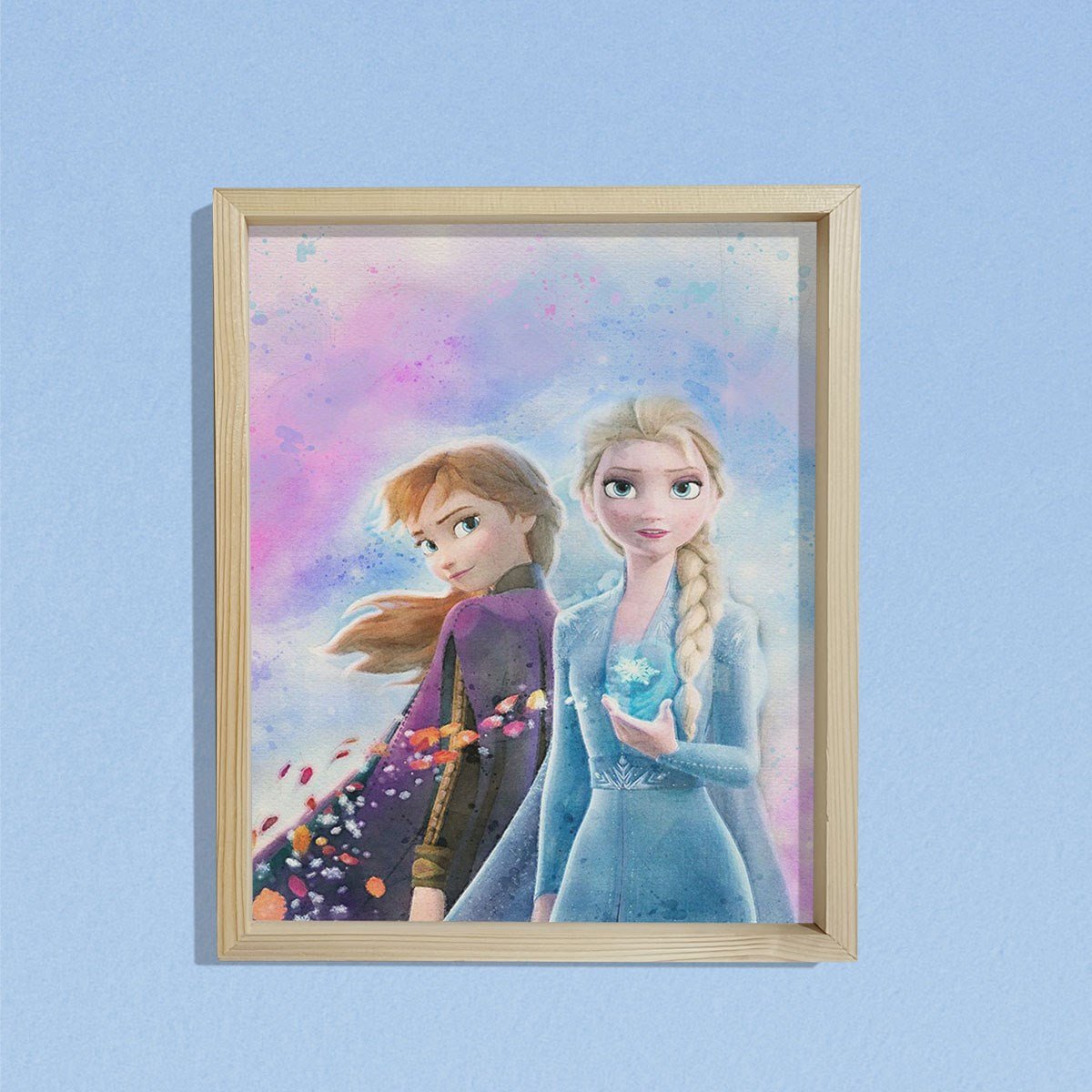 Doğal Çam Çerçeveli Bebek ve Çocuk Odası Duvar Tablosu Elsa ve Anna