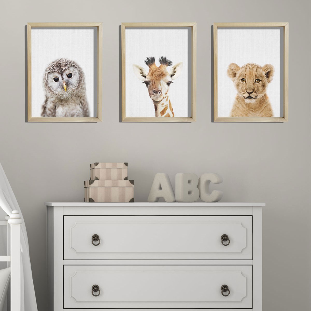 Doğal Çam Çerçeveli Bebek ve Çocuk Odası Duvar Tablosu Baykuş - Zürafa - Aslan