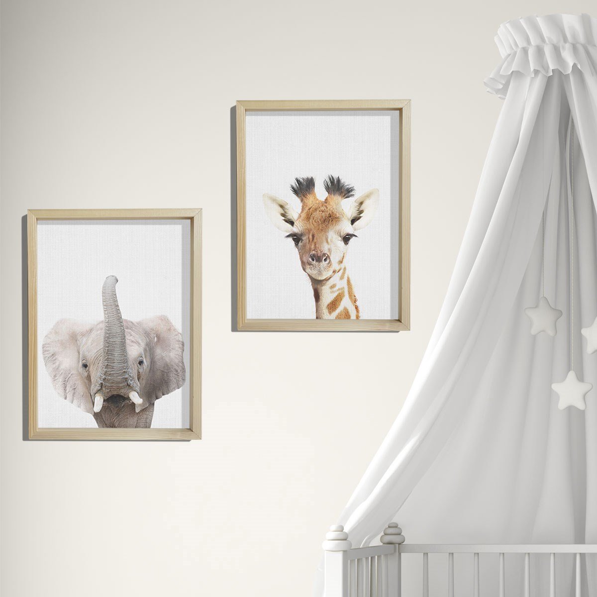 Doğal Çam Çerçeveli Bebek ve Çocuk Odası Duvar Tablosu Fil ve Zebra