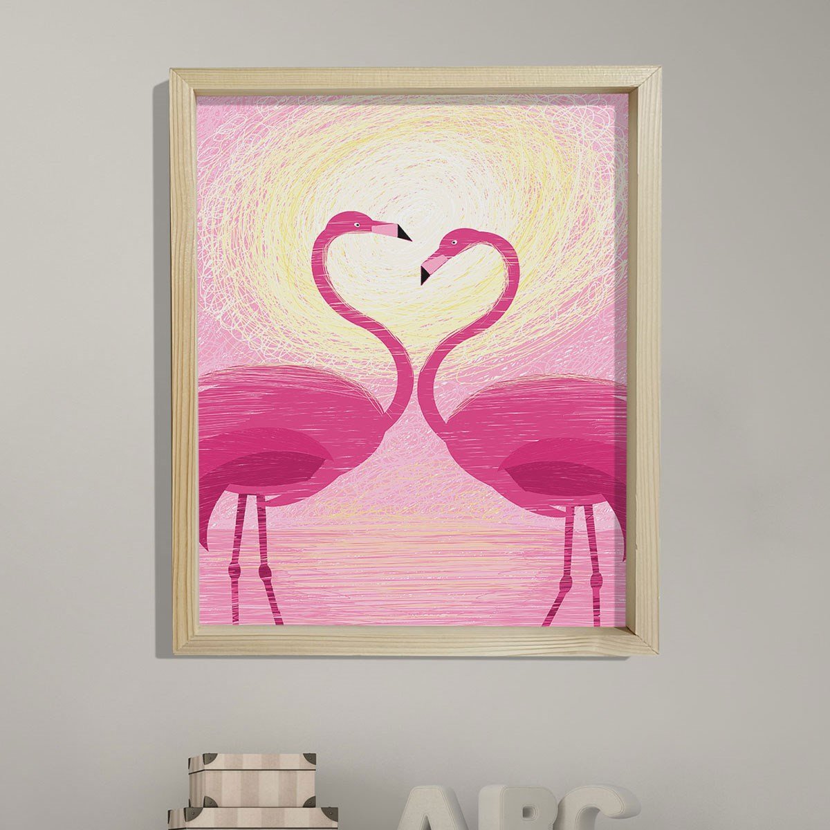 Doğal Çam Çerçeveli Bebek ve Çocuk Odası Duvar Tablosu Filamingo Aşkı