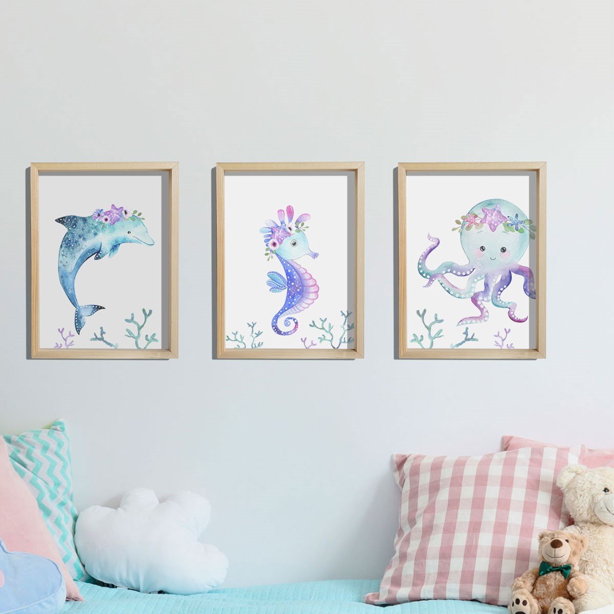 Doğal Çam Çerçeveli Bebek ve Çocuk Odası Duvar Tablosu Çiçekli Deniz Hayvanları
