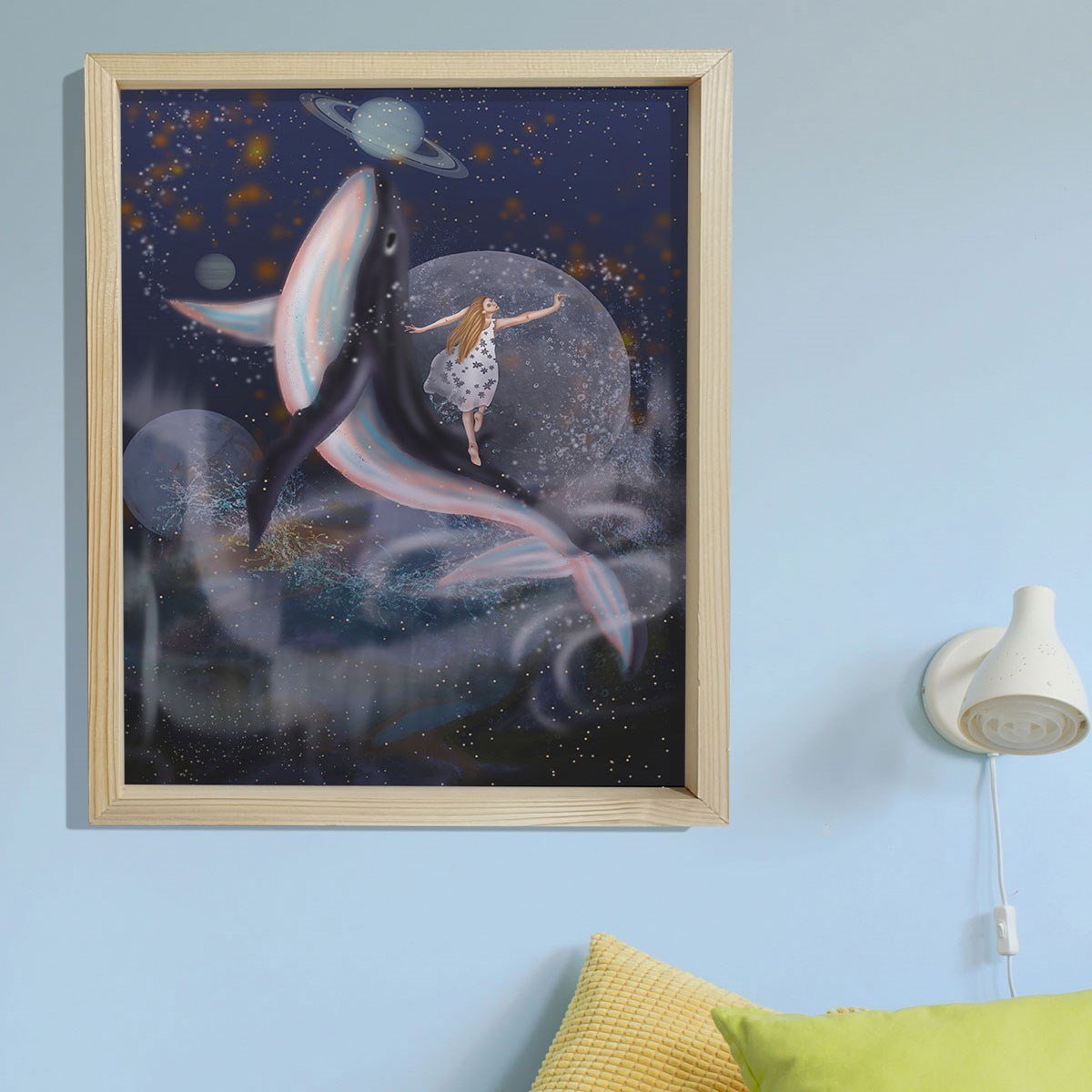 Doğal Çam Çerçeveli Bebek ve Çocuk Odası Duvar Tablosu Balina ve Uzay