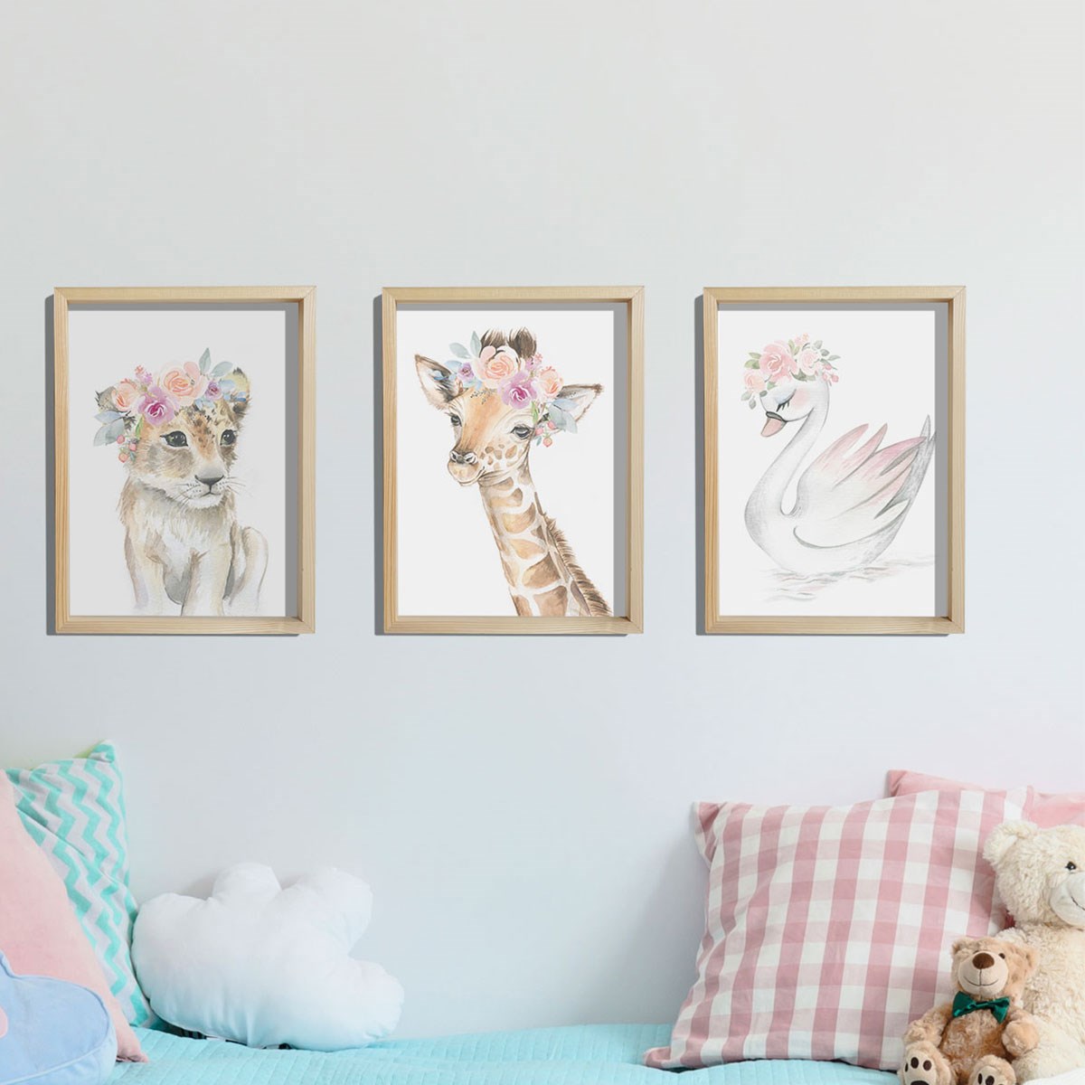 Doğal Çam Çerçeveli Bebek ve Çocuk Odası Duvar Tablosu Çiçekli Orman Hayvanları