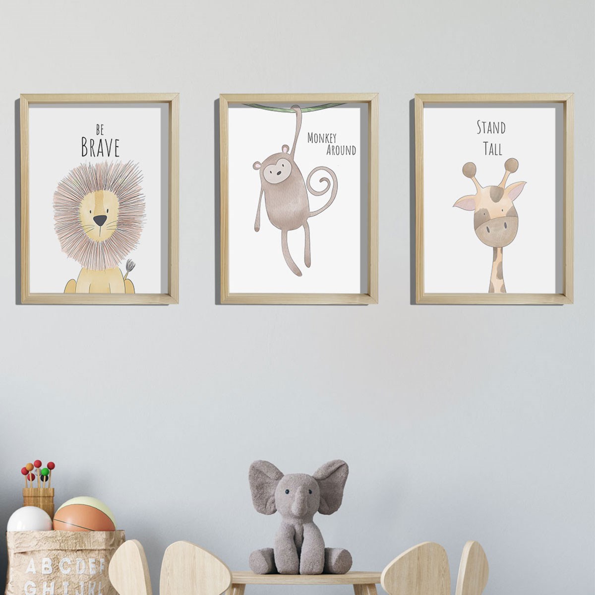 Doğal Çam Çerçeveli Bebek ve Çocuk Odası Duvar Tablosu Aslan - Maymun - Zürafa