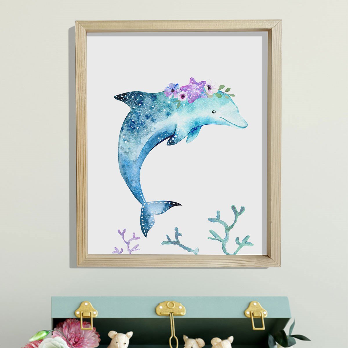 Doğal Çam Çerçeveli Bebek ve Çocuk Odası Duvar Tablosu Çiçekli Yunus Balığı