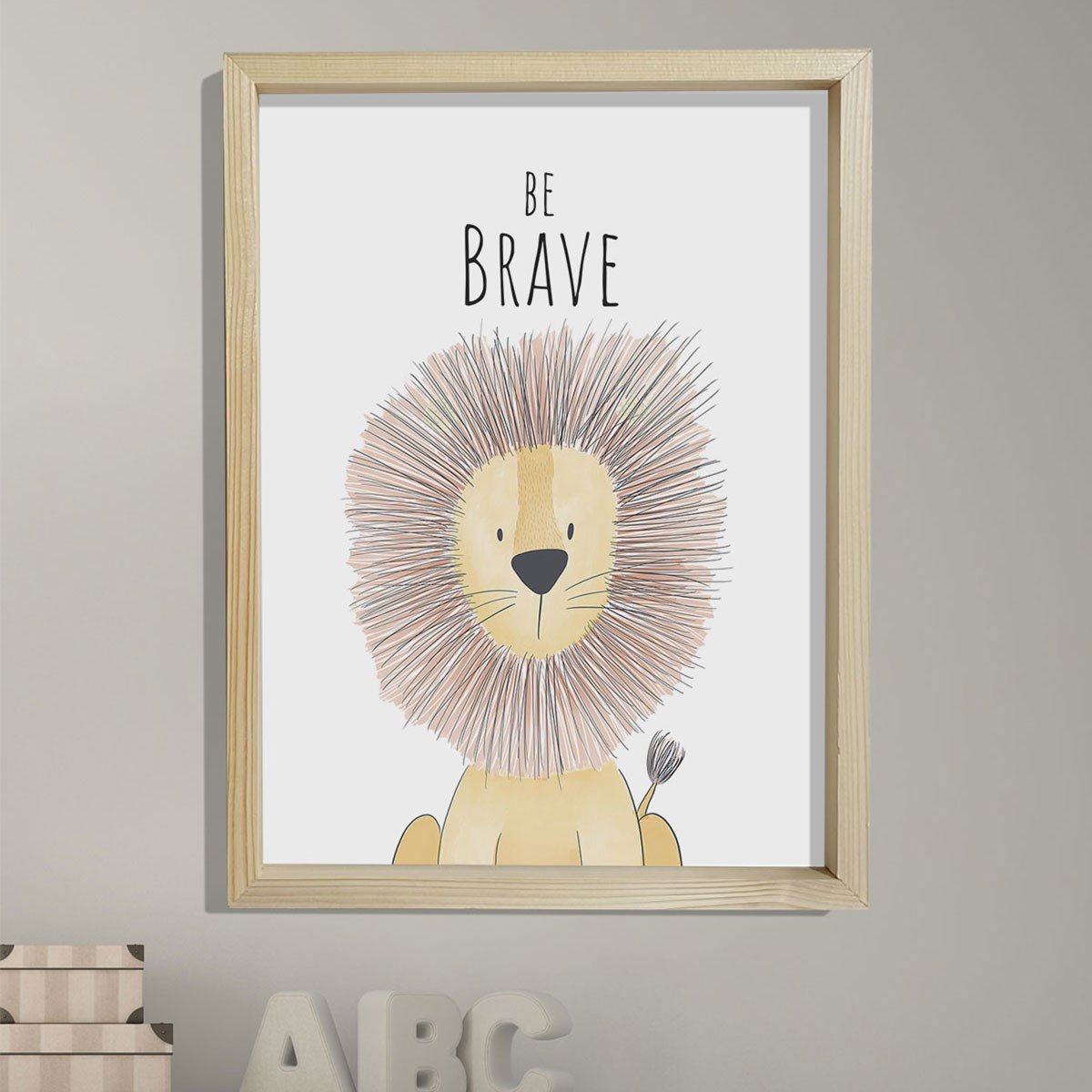 Doğal Çam Çerçeveli Bebek ve Çocuk Odası Duvar Tablosu Cesur Ol - Aslan
