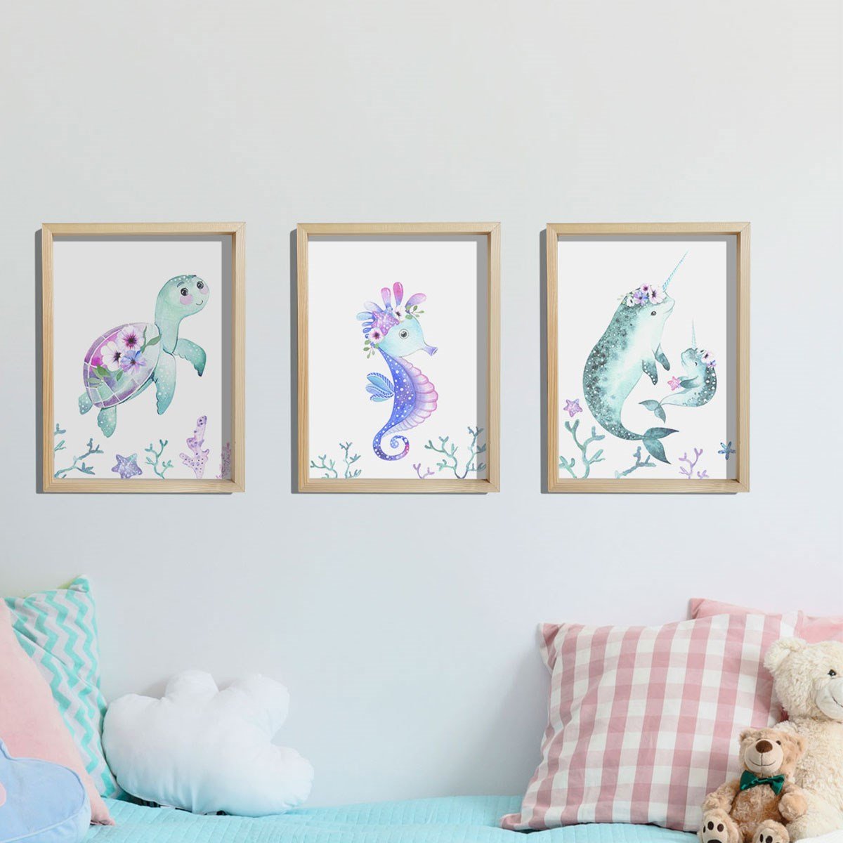 Doğal Çam Çerçeveli Bebek ve Çocuk Odası Duvar Tablosu Çiçekli Deniz Hayvanları