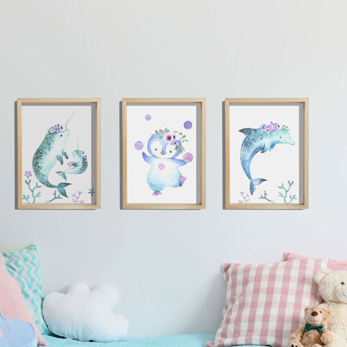 Doğal Çam Çerçeveli Bebek ve Çocuk Odası Duvar Tablosu Çiçekli Deniz Hayvanları