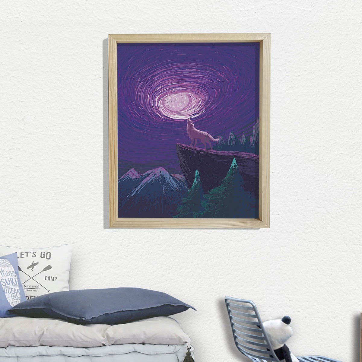 Doğal Çam Çerçeveli Bebek ve Çocuk Odası Duvar Tablosu Yalnız Kurt