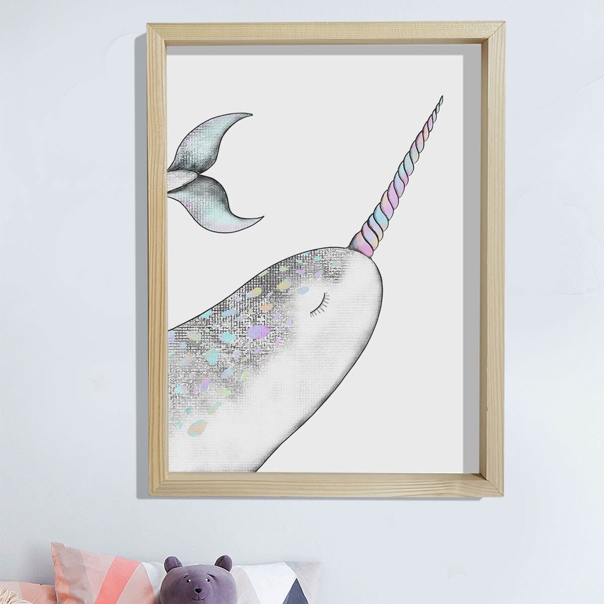 Doğal Çam Çerçeveli Bebek ve Çocuk Odası Duvar Tablosu Narval