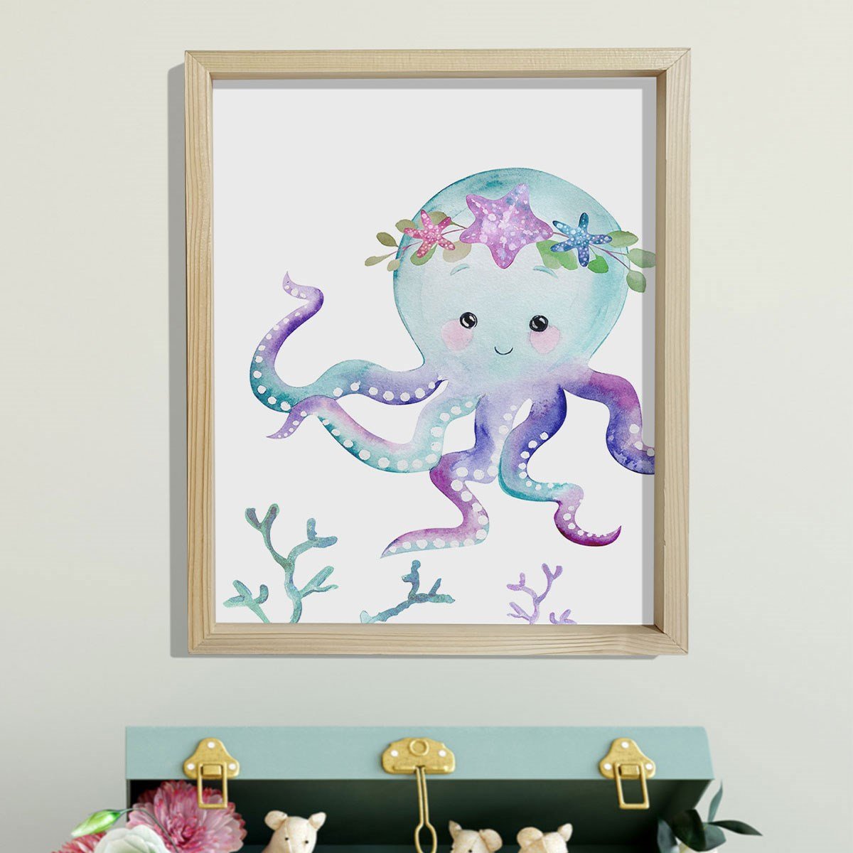 Doğal Çam Çerçeveli Bebek ve Çocuk Odası Duvar Tablosu Çiçekli Ahtapot