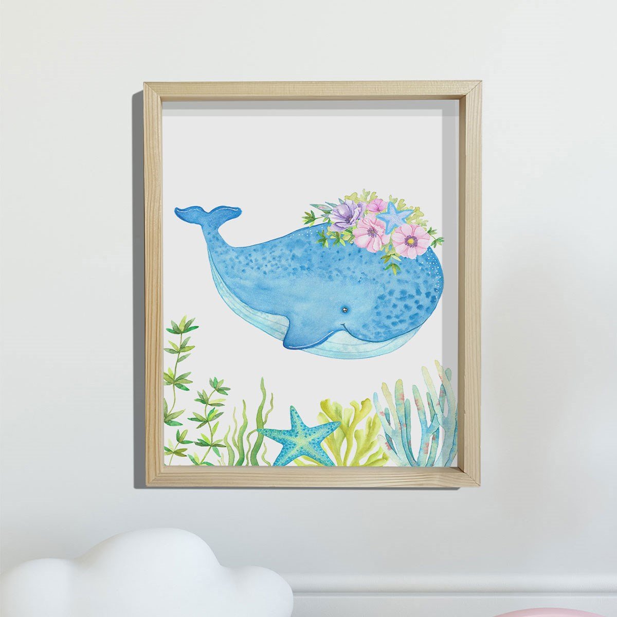 Doğal Çam Çerçeveli Bebek ve Çocuk Odası Duvar Tablosu Çiçekli Balina