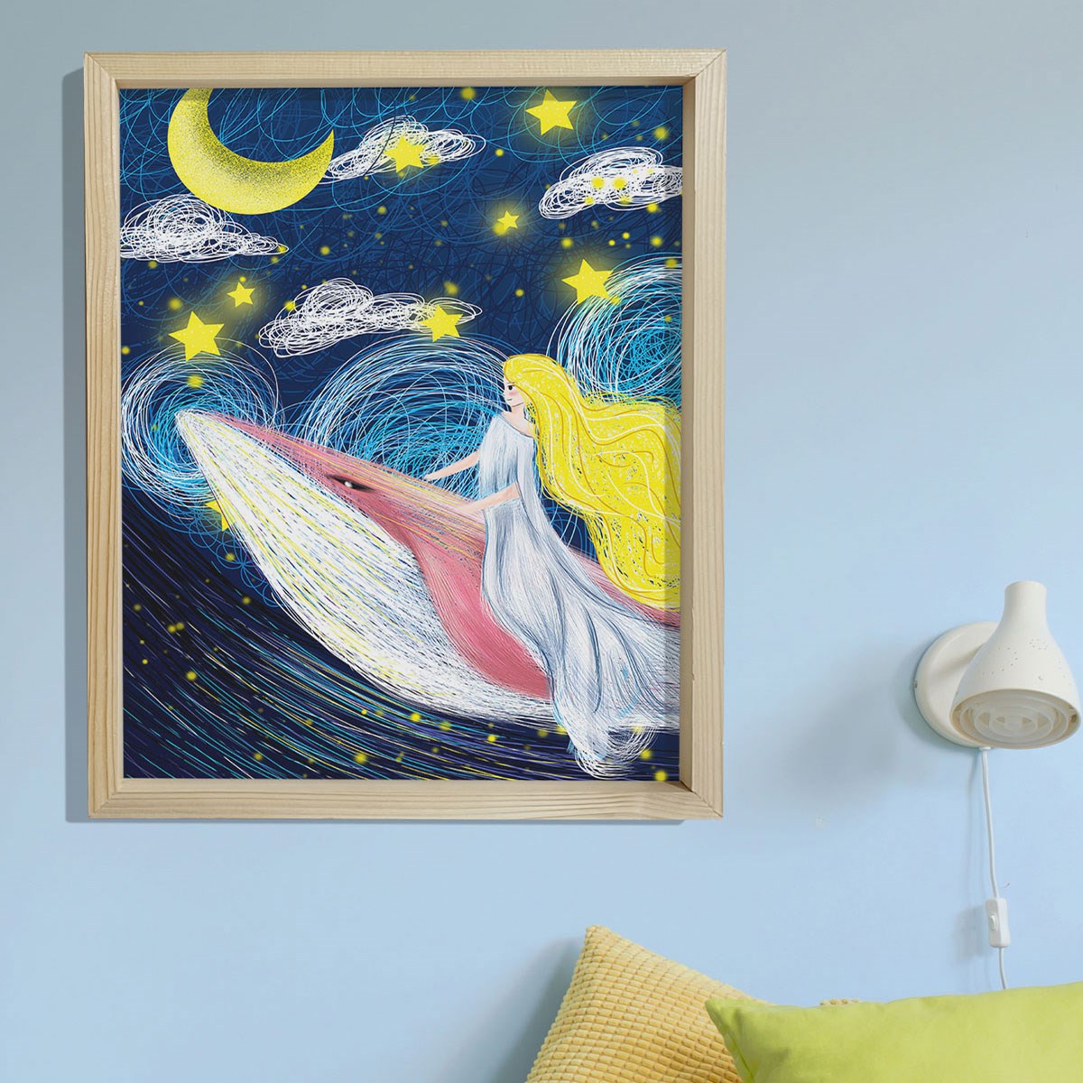 Doğal Çam Çerçeveli Bebek ve Çocuk Odası Duvar Tablosu Balinalı Kız