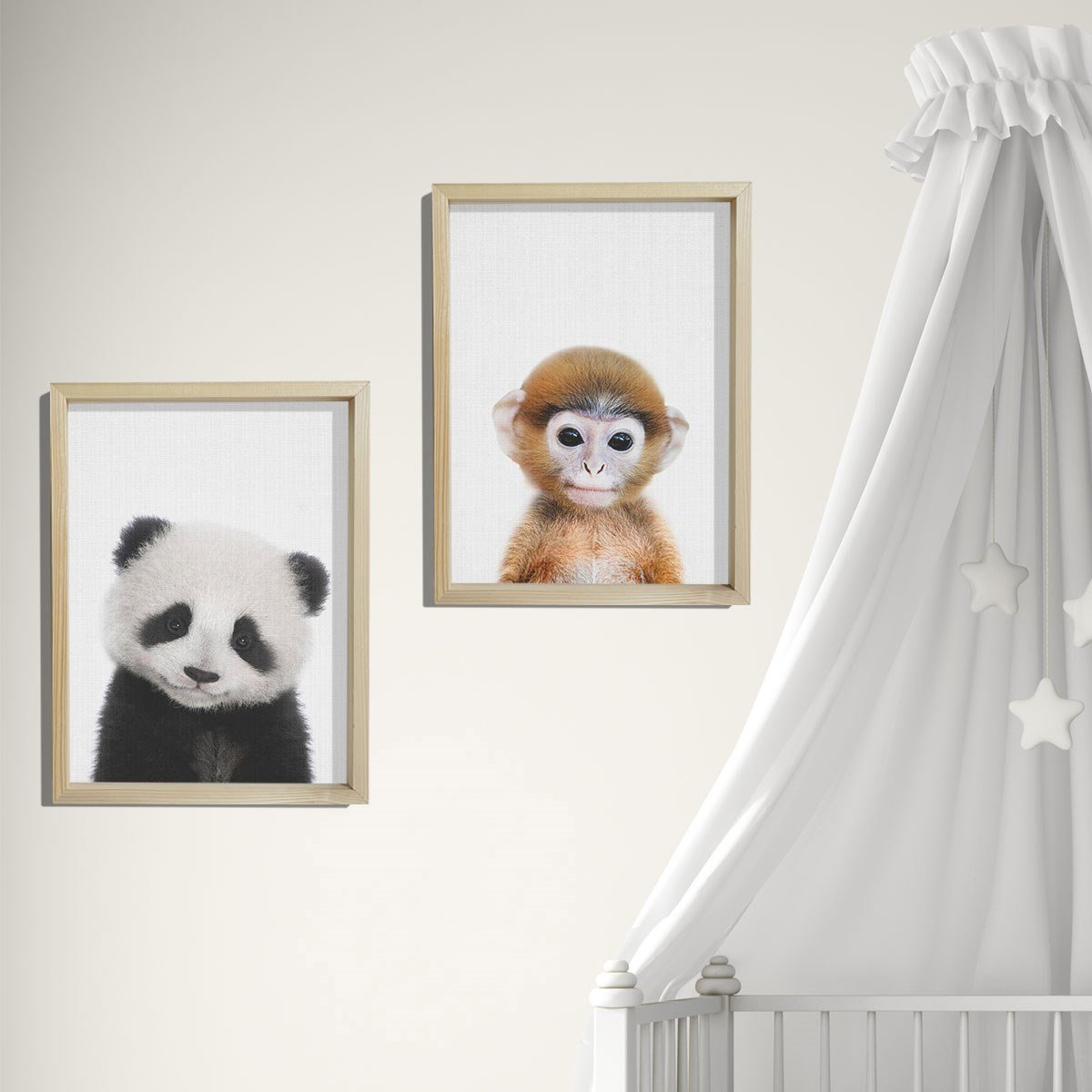 Doğal Çam Çerçeveli Bebek ve Çocuk Odası Duvar Tablosu Şirin Panda ve Maymun