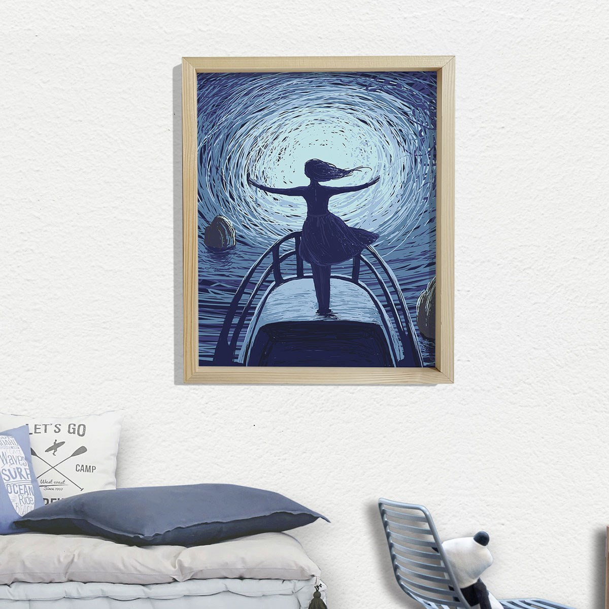 Doğal Çam Çerçeveli Bebek ve Çocuk Odası Duvar Tablosu Özgür Deniz