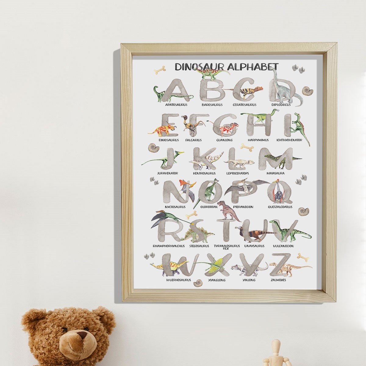 Doğal Çam Çerçeveli Bebek ve Çocuk Odası Duvar Tablosu Dinazorlar Alfabesi