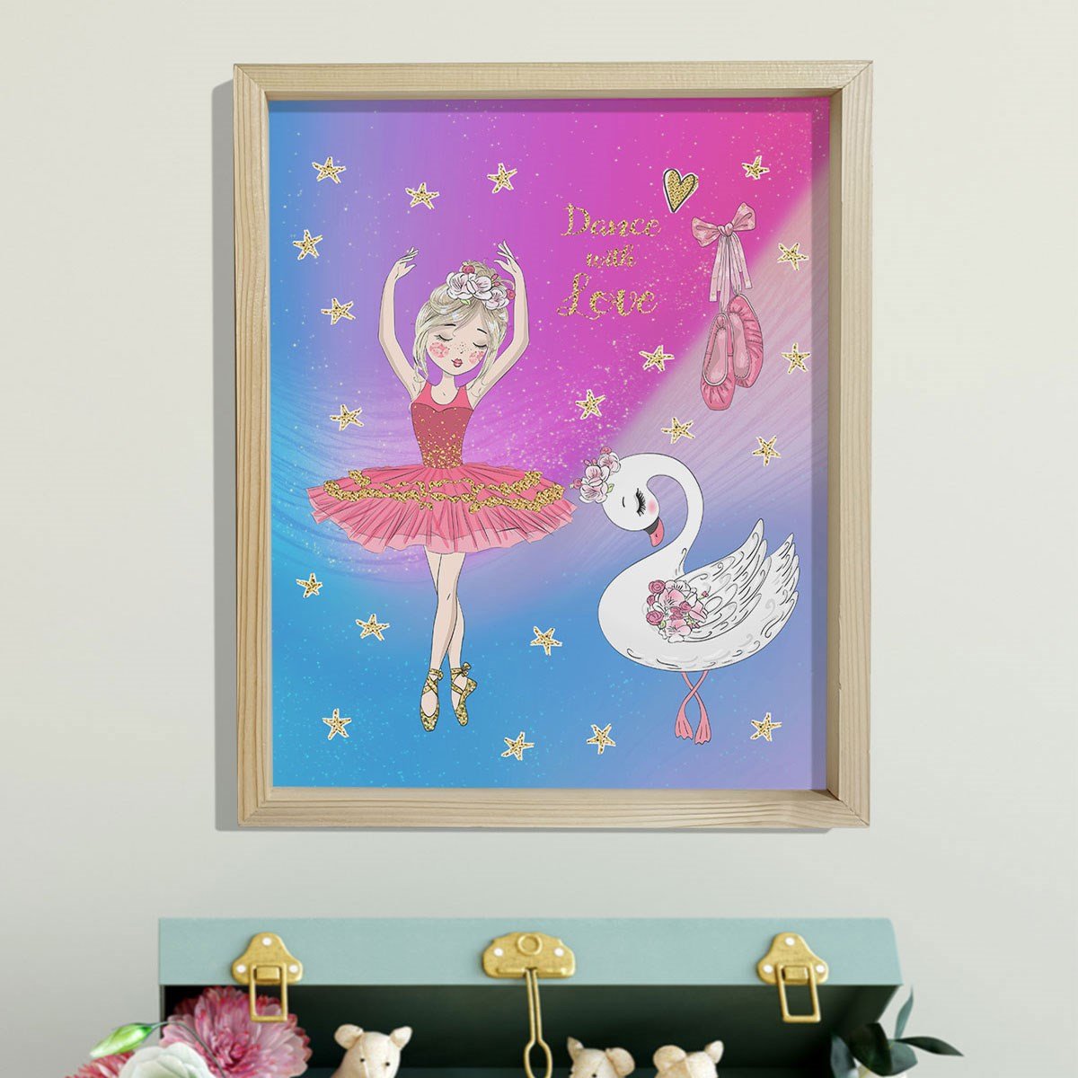 Doğal Çam Çerçeveli Bebek ve Çocuk Odası Duvar Tablosu Gökkuşağı Kuğulu Balerin ve Point