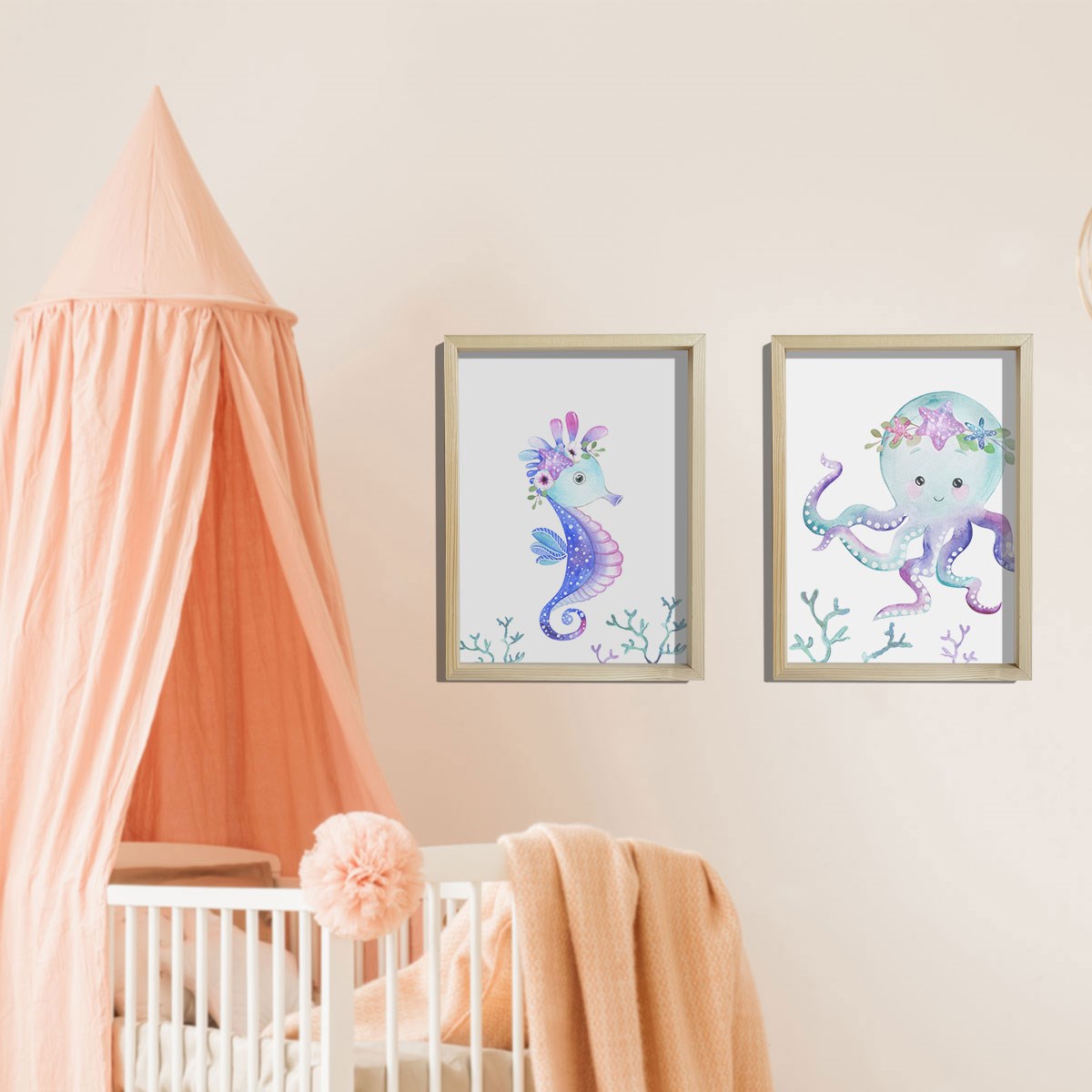 Doğal Çam Çerçeveli Bebek ve Çocuk Odası Duvar Tablosu Çiçekli Denizatı ve Ahtapot