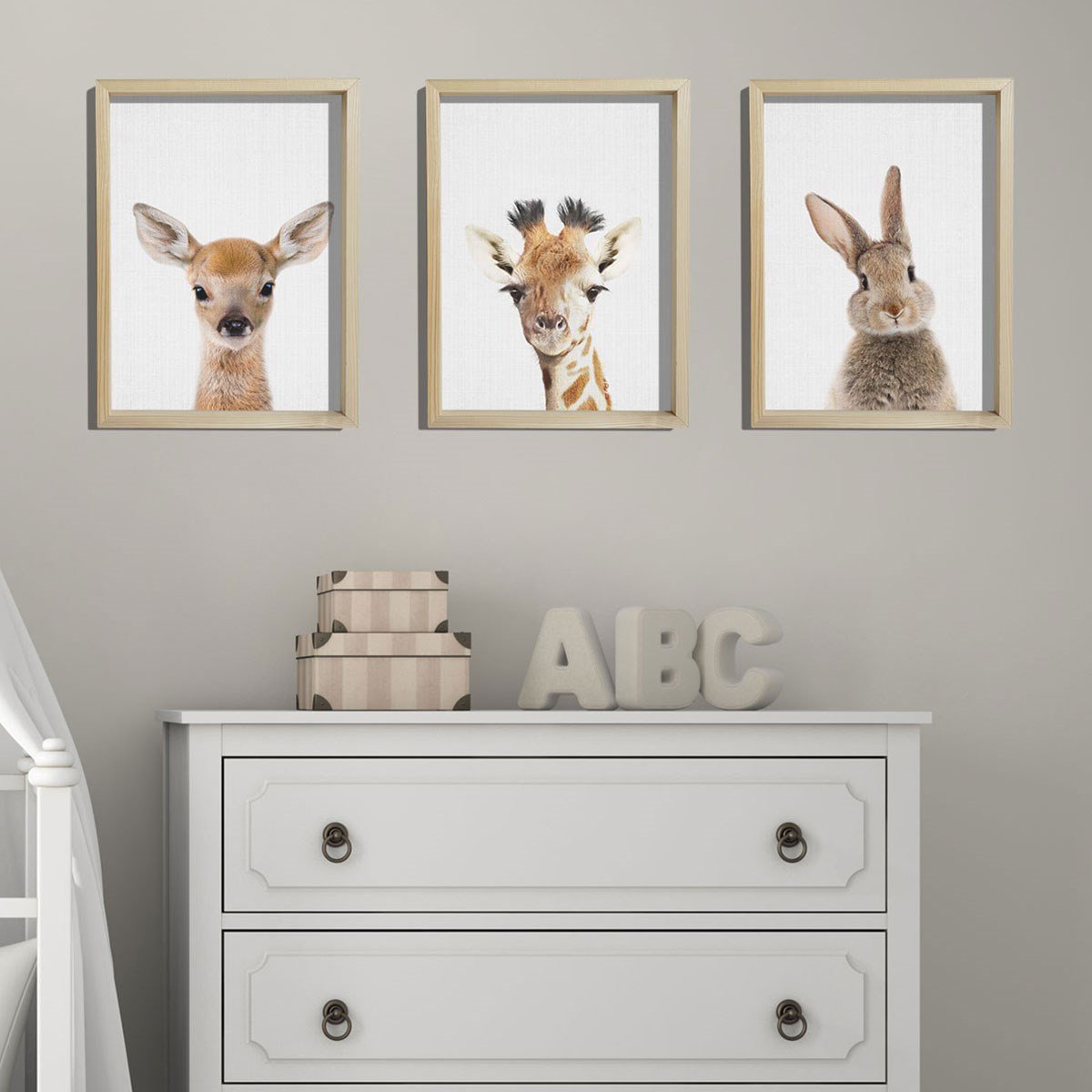 Doğal Çam Çerçeveli Bebek ve Çocuk Odası Duvar Tablosu Ceylan - Zürafa - Tavşan