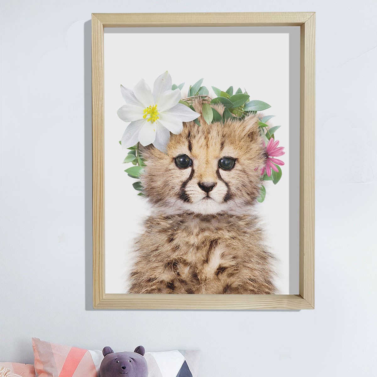 Doğal Çam Çerçeveli Bebek ve Çocuk Odası Duvar Tablosu Çiçekli Puma