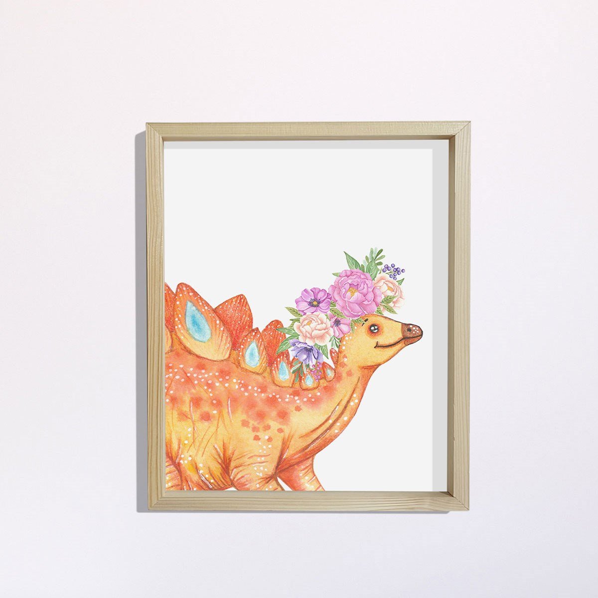 Doğal Çam Çerçeveli Bebek ve Çocuk Odası Duvar Tablosu Çiçekli Şirin Dinazor