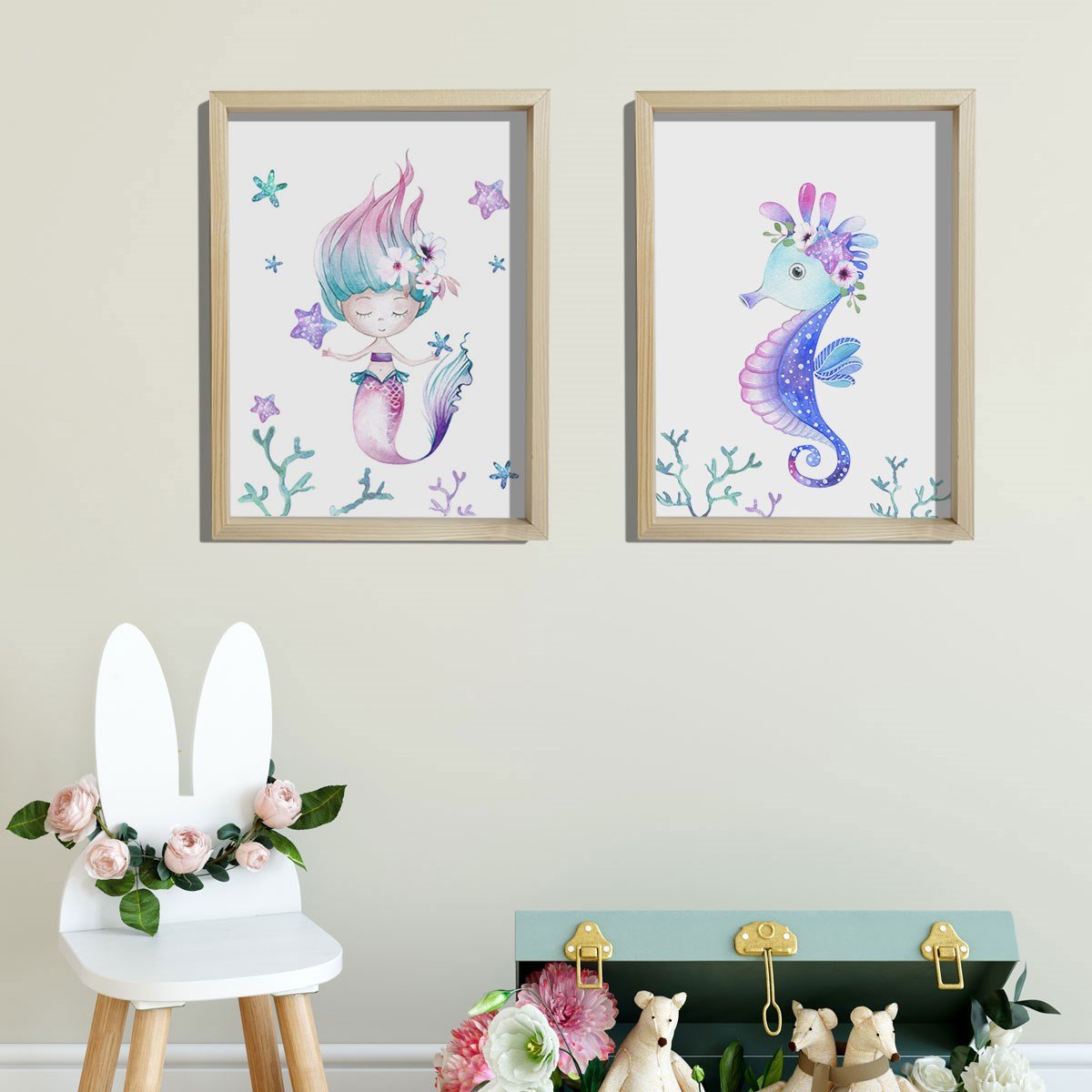 Doğal Çam Çerçeveli Bebek ve Çocuk Odası Duvar Tablosu Çiçekli Denizkızı ve Denizatı