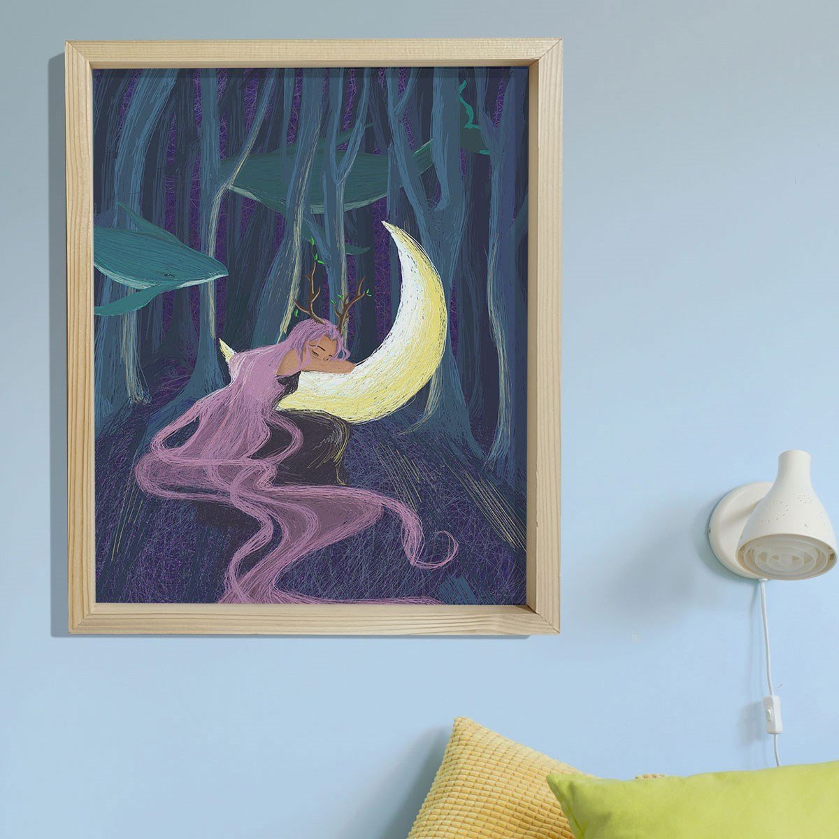 Doğal Çam Çerçeveli Bebek ve Çocuk Odası Duvar Tablosu Ay Rüyası