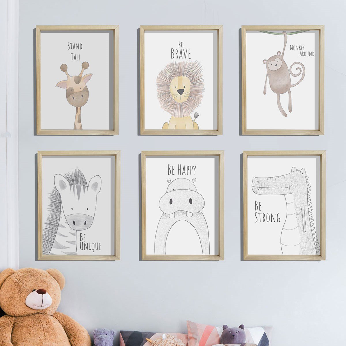 Doğal Çam Çerçeveli Bebek ve Çocuk Odası Duvar Tablosu Cesur Hayvanlar