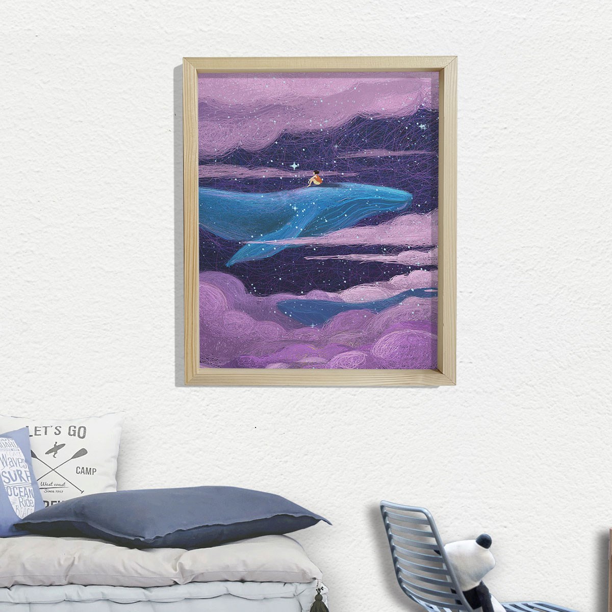 Doğal Çam Çerçeveli Bebek ve Çocuk Odası Duvar Tablosu Balina Rüyası