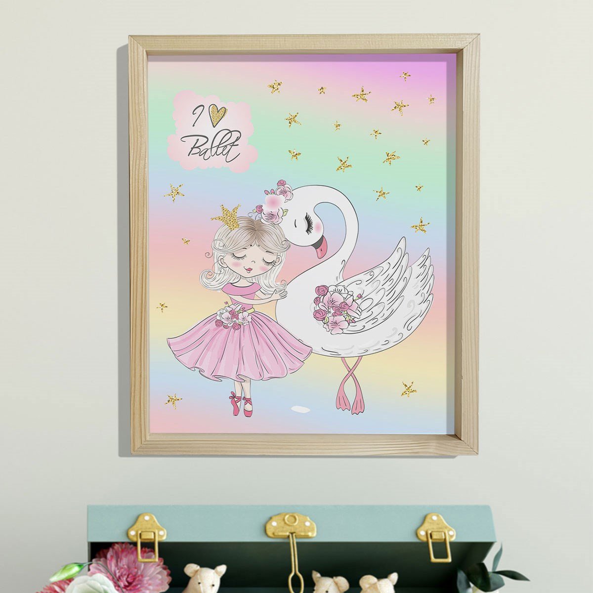 Doğal Çam Çerçeveli Bebek ve Çocuk Odası Duvar Tablosu Gökkuşağı Şirin Balerin ve Kuğu