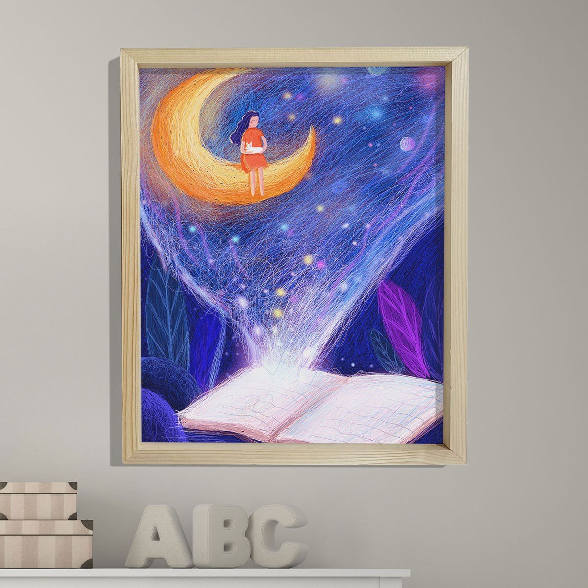 Doğal Çam Çerçeveli Bebek ve Çocuk Odası Duvar Tablosu Kitap Rüyası