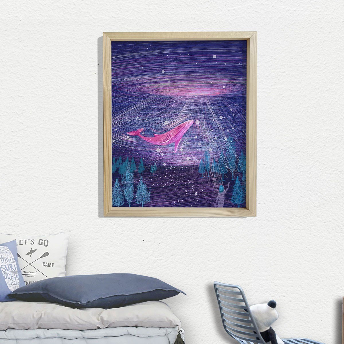 Doğal Çam Çerçeveli Bebek ve Çocuk Odası Duvar Tablosu Balina Rüyası