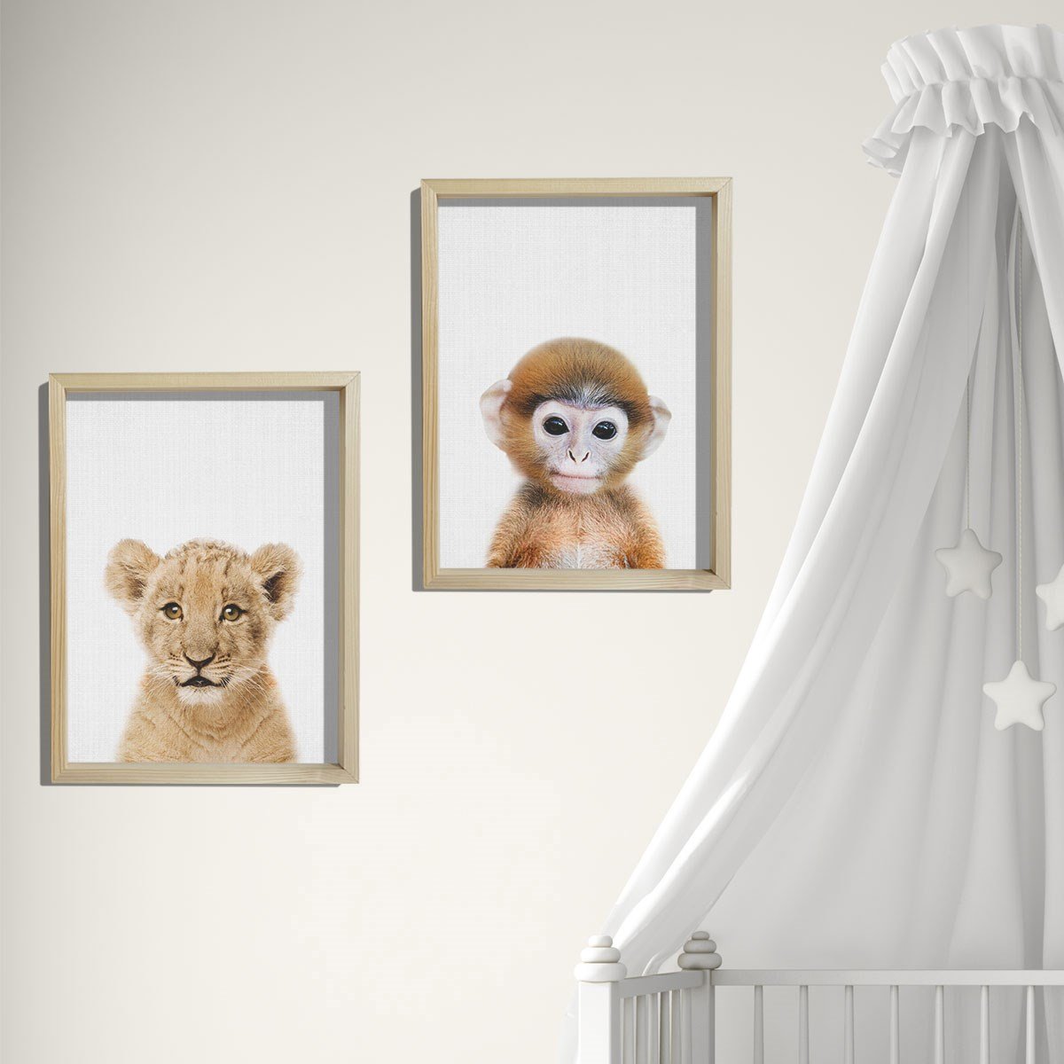Doğal Çam Çerçeveli Bebek ve Çocuk Odası Duvar Tablosu Aslan ve Maymun