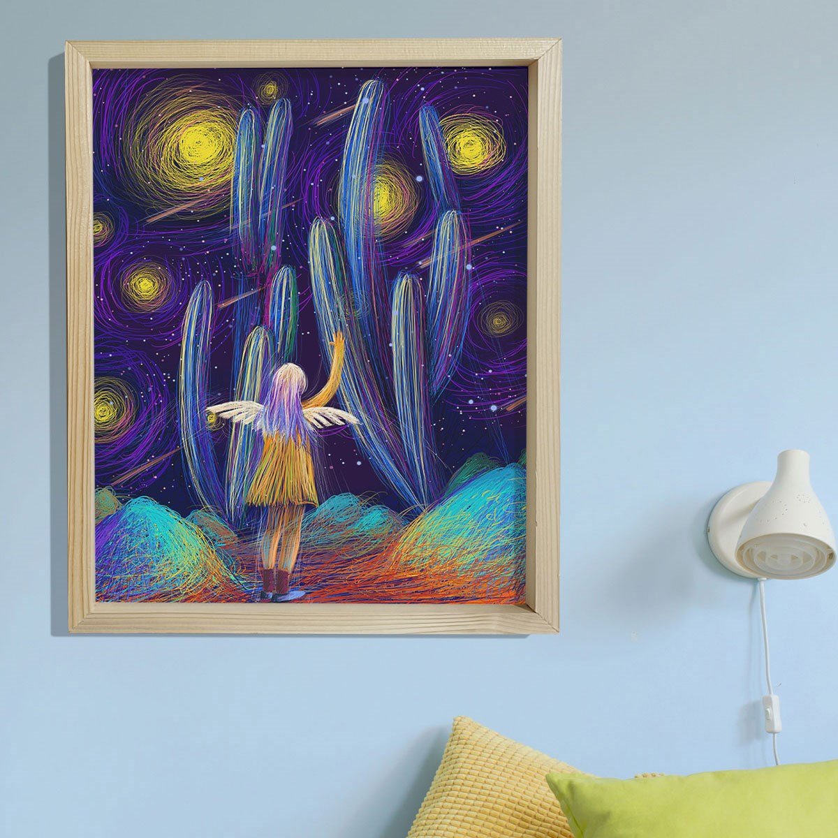 Doğal Çam Çerçeveli Bebek ve Çocuk Odası Duvar Tablosu Melek Rüyası