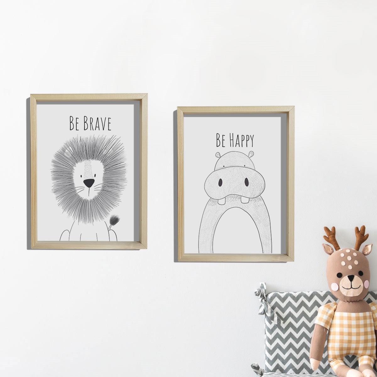 Doğal Çam Çerçeveli Bebek ve Çocuk Odası Duvar Tablosu Aslan ve Hipopotam