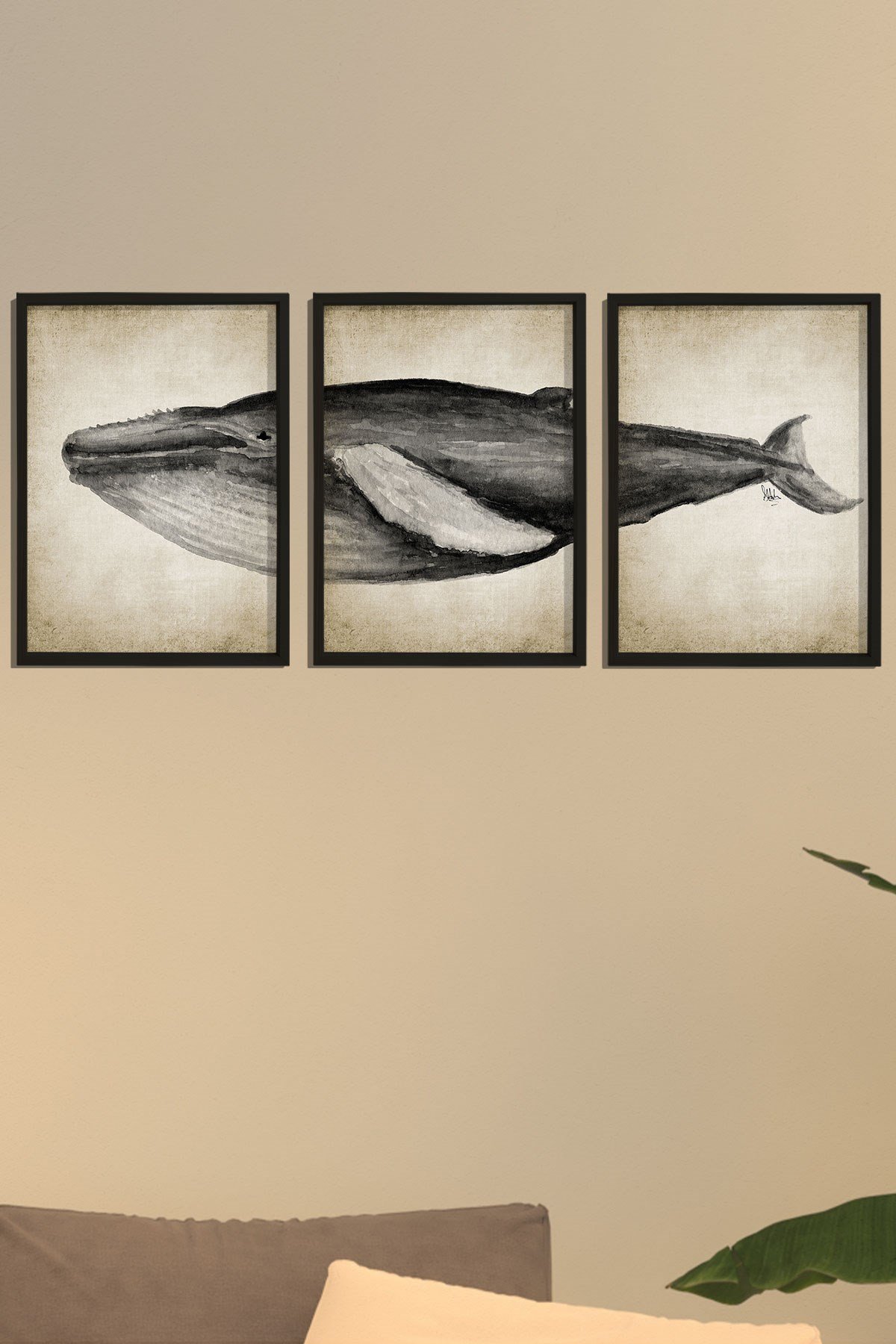 Doğal Çam Çerçeveli Denizci Odası Duvar Tablosu Antik Mavi Balina