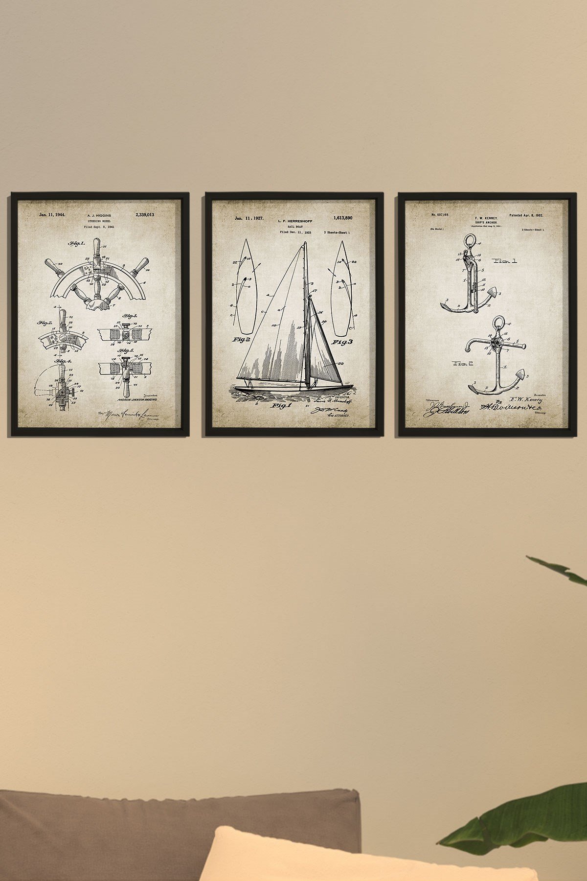 Doğal Çam Çerçeveli Denizci Odası Duvar Tablosu Antik Yelkenli Seti Patentleri
