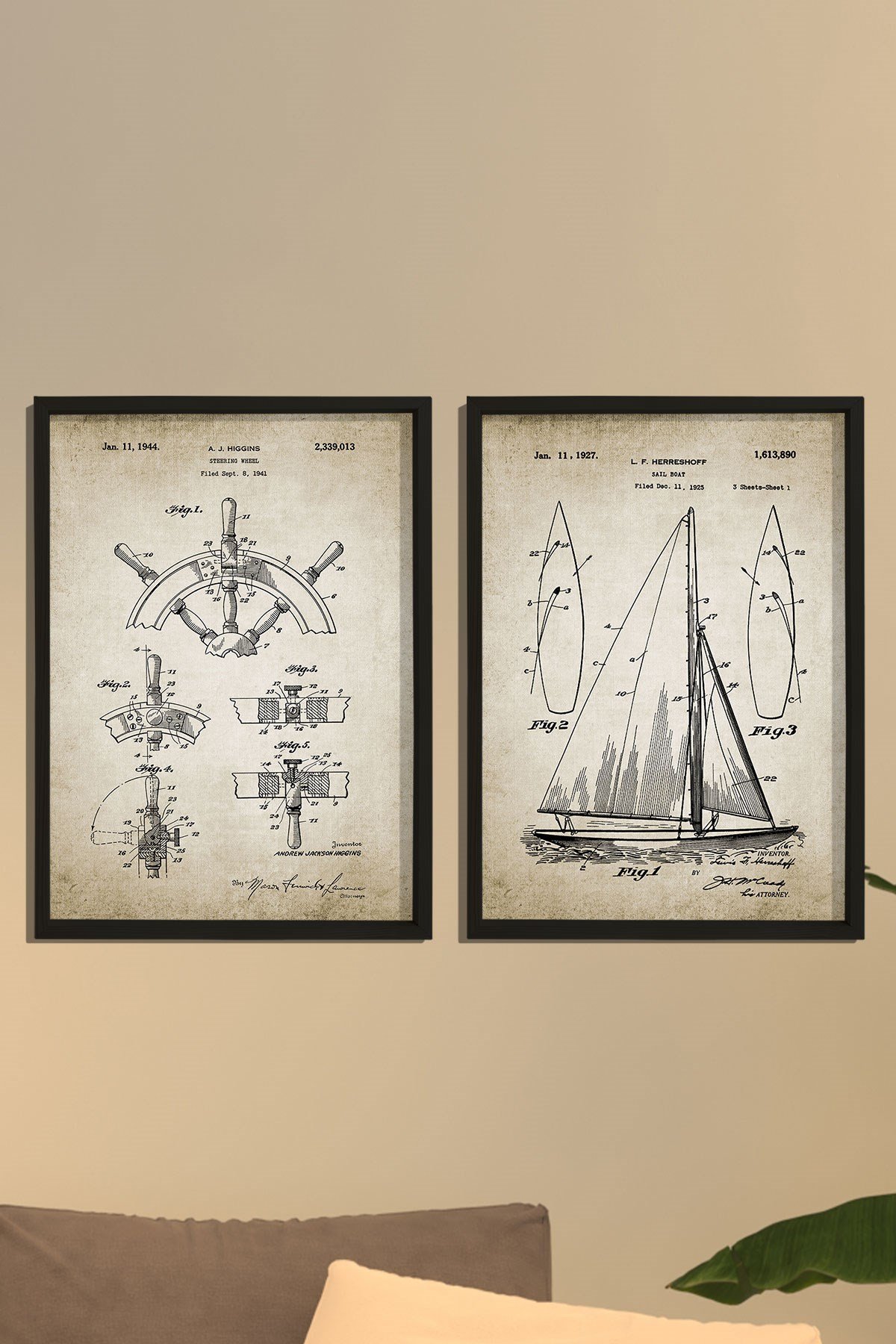 Doğal Çam Çerçeveli Denizci Odası Duvar Tablosu Yelkenli ve Dümen Patenti 1927