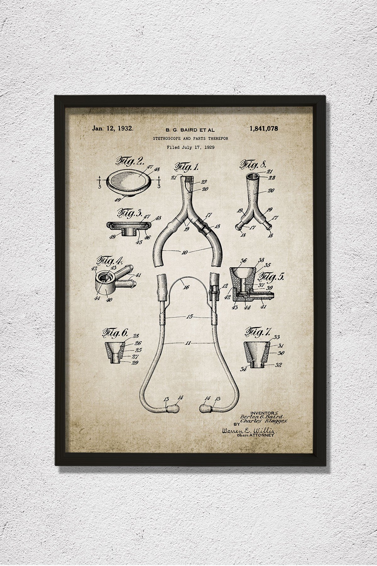 Doğal Çam Çerçeveli Doktor Odası Duvar Tablosu Stetoskop Patent 1932