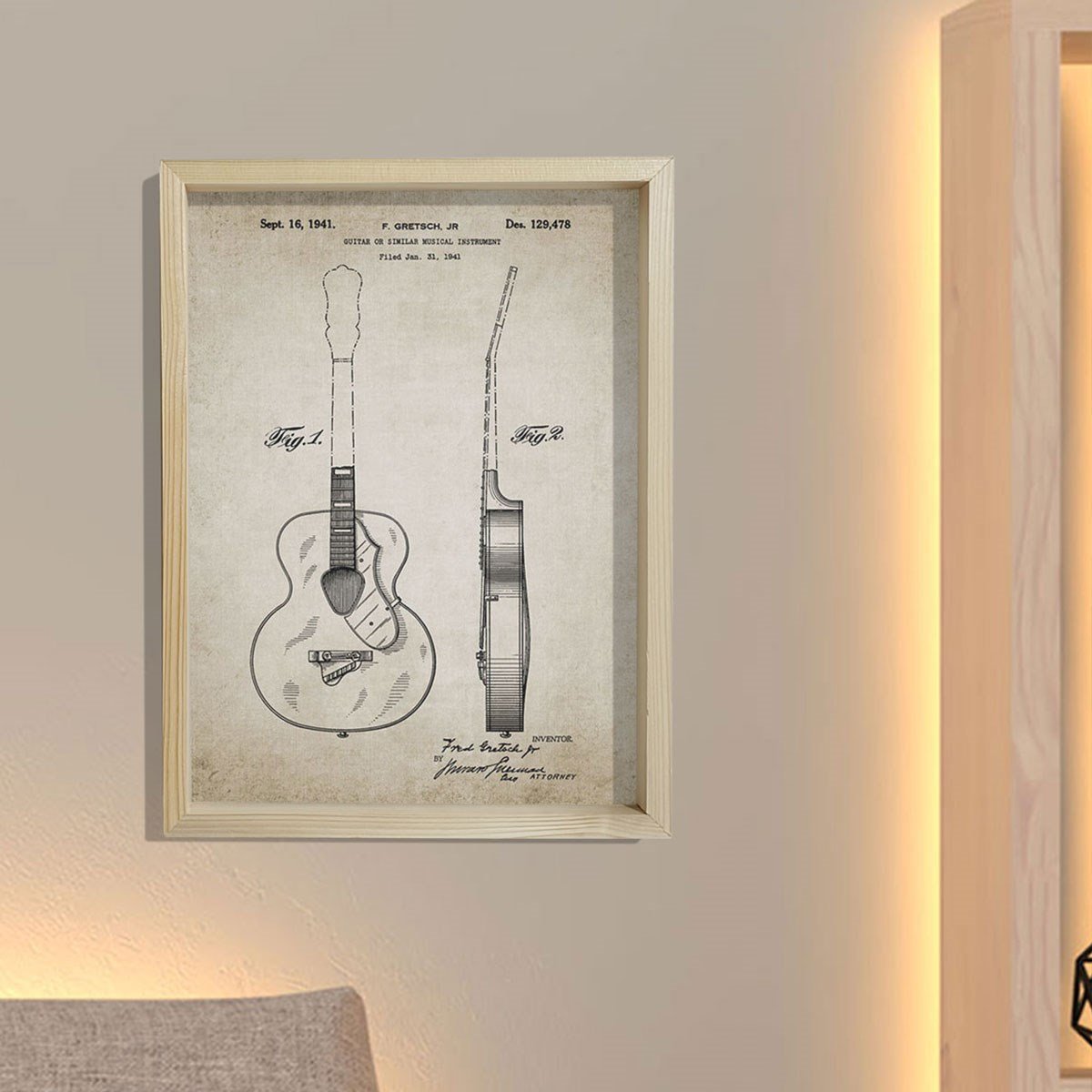 Doğal Çam Çerçeveli Duvar Tablosu Akustik Gitar Patenti 1941