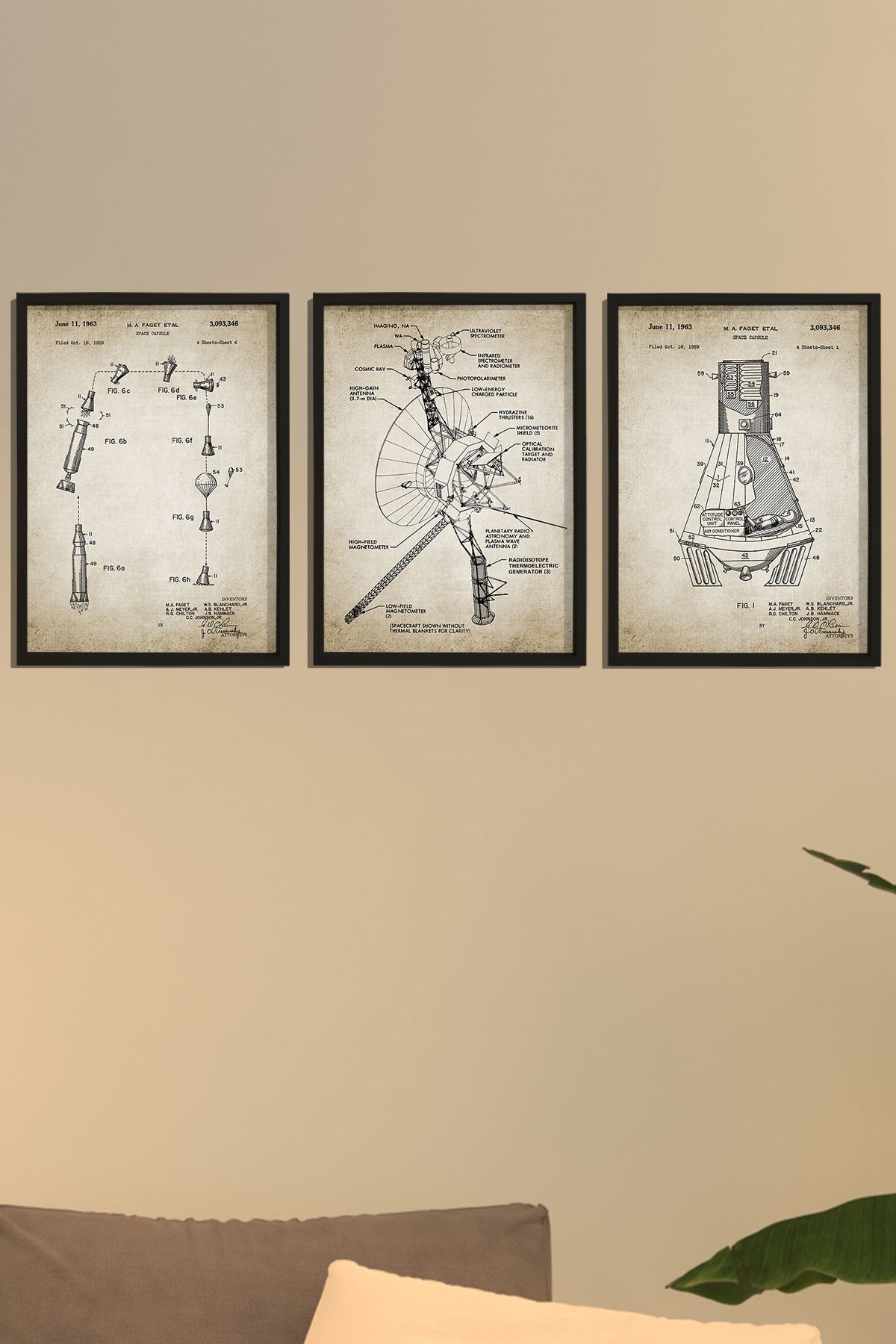 Doğal Çam Çerçeveli Duvar Tablosu Amerikan Uzay Aracı Voyager Patent Baskı 1963