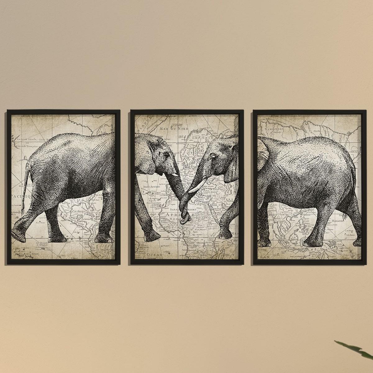 Doğal Çam Çerçeveli Duvar Tablosu Antik Fil ve Harita Sanatı