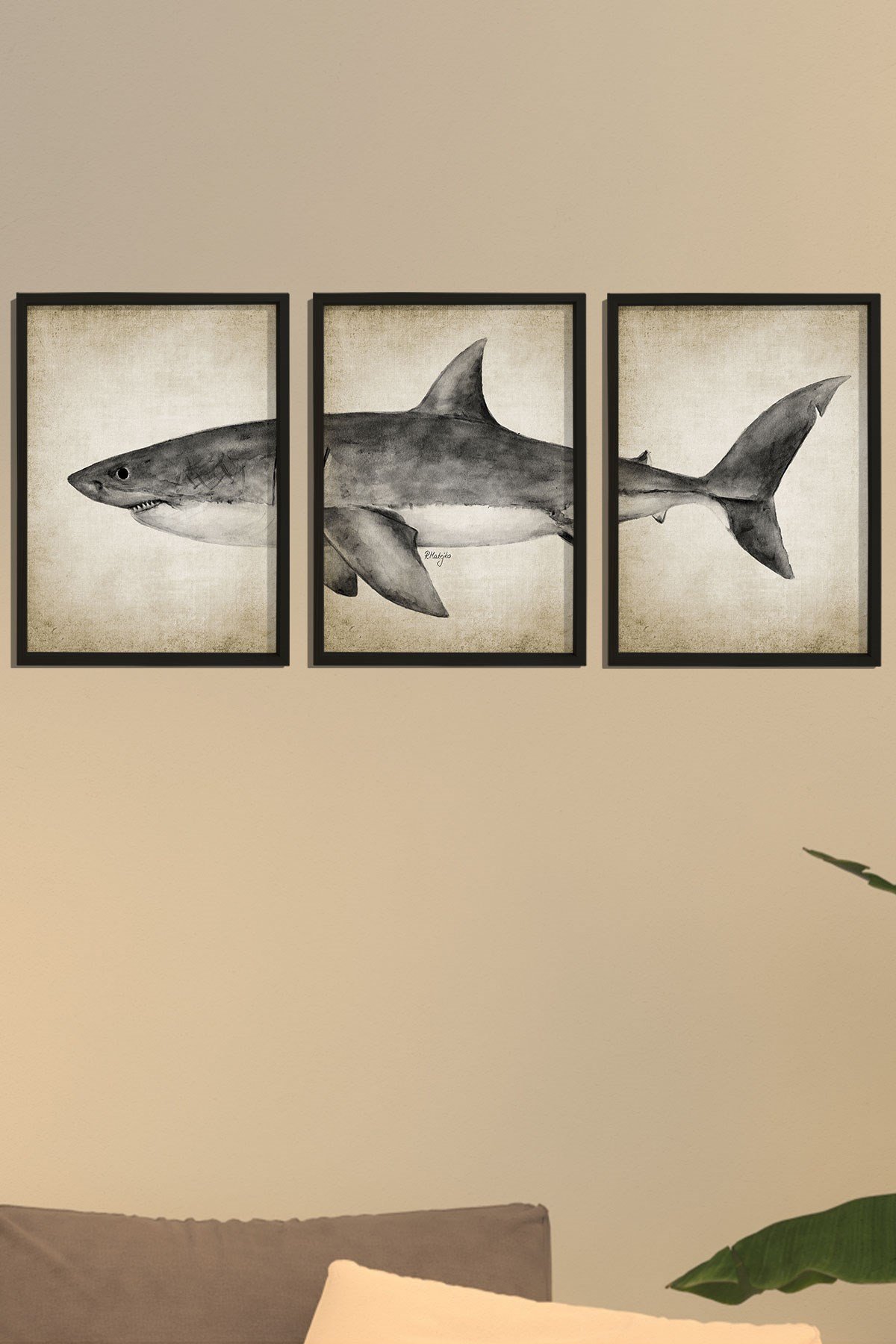 Doğal Çam Çerçeveli Duvar Tablosu Antik Büyük Beyaz Köpekbalığı