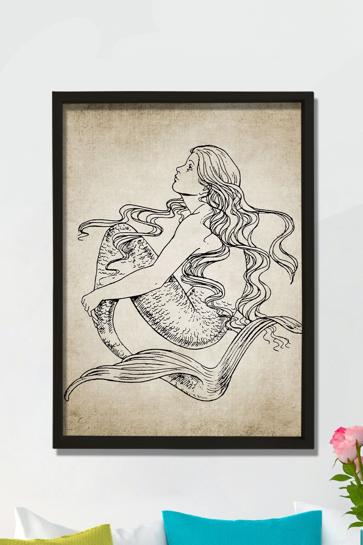 Doğal Çam Çerçeveli Duvar Tablosu Antik Denizkızı