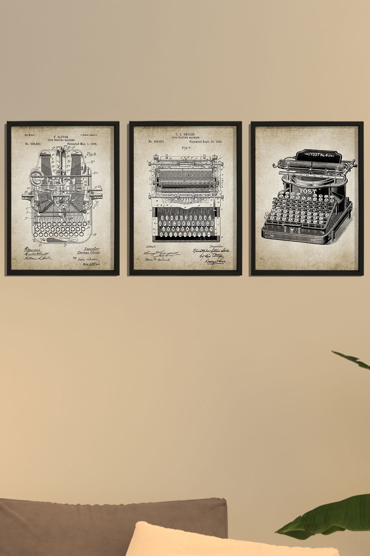 Doğal Çam Çerçeveli Duvar Tablosu Antik Daktilo Patenti 3'lü Tablo Seti 1896