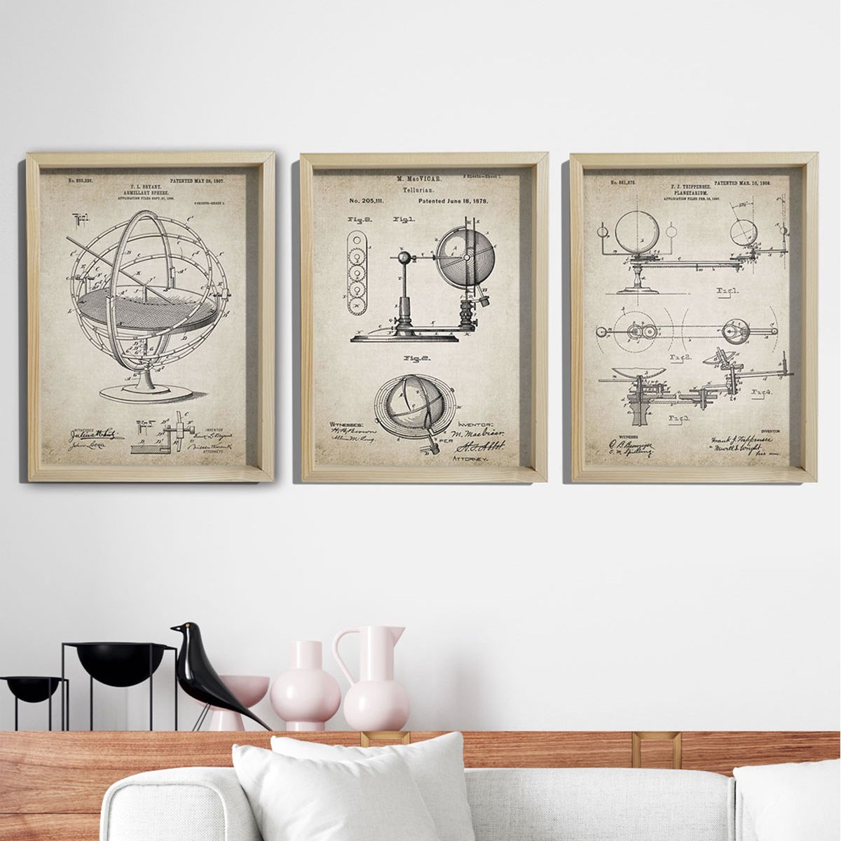 Doğal Çam Çerçeveli Duvar Tablosu Antik Planetaryum, Güneş Sistemi, Armillary Küre,Tellüriyen